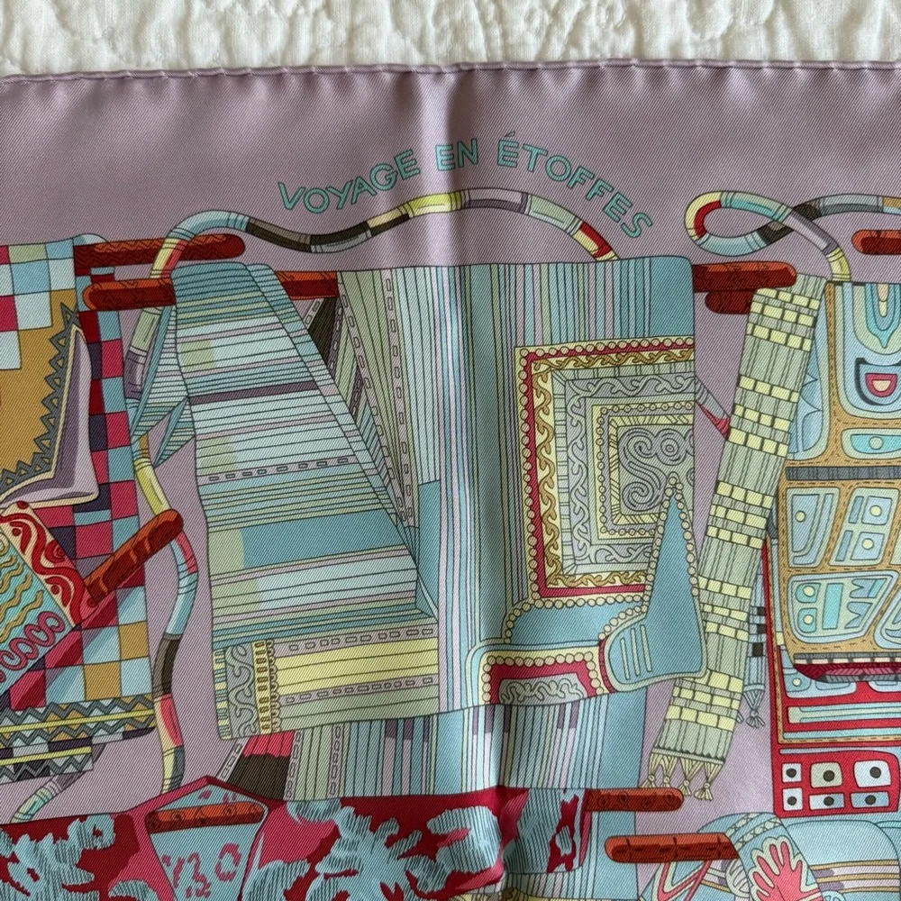 Hermès “Voyage en Étoffes” 90cm Silk Scarf Pastel Multi Rare Collector - Picture 3 of 8